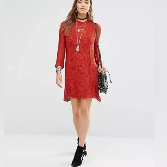 Free People Dresses & Skirts - Free People Rosalind Burnt Orange Crochet Long Sleeve Dress Size Small